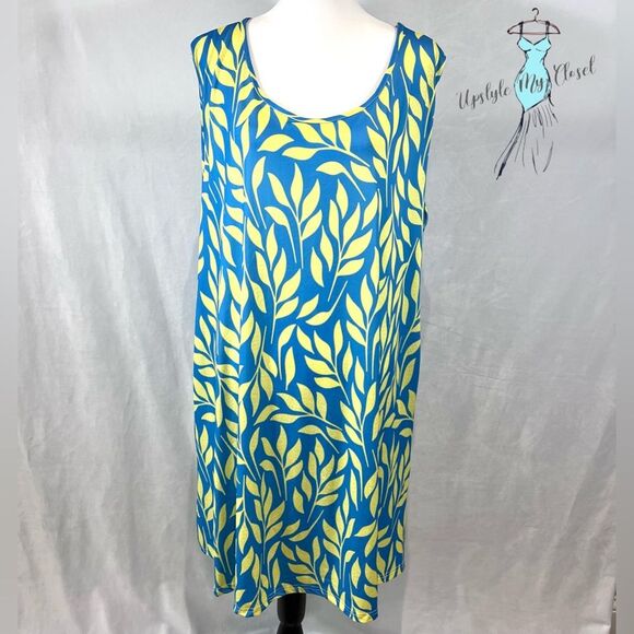 Blue and yellow leaf print shift dress with pockets size 2XL NWT - Picture 1 of 5